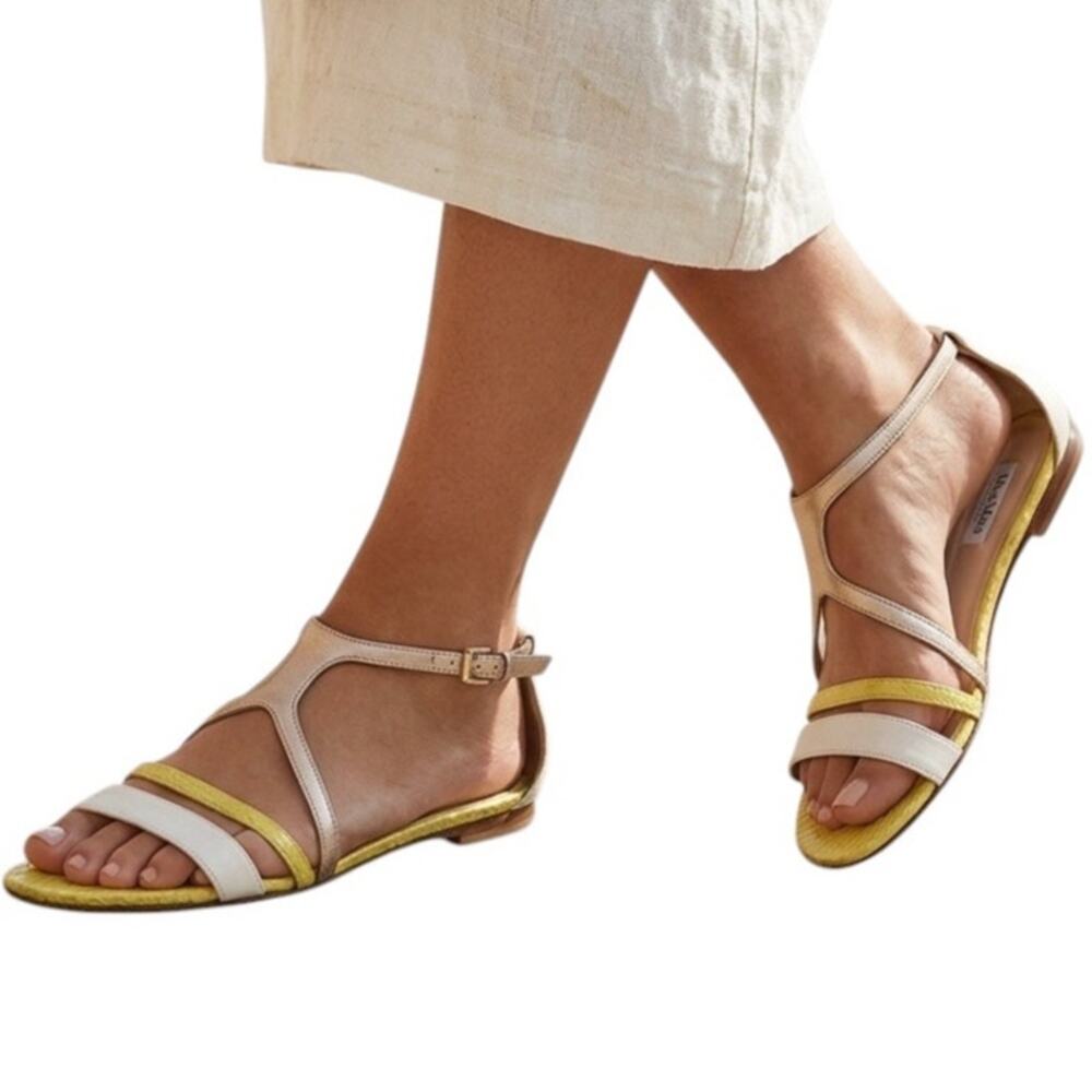 Max Mara Luxury Designer Flat Leather Sandals Metallic Gold White Yellow Sz 7/37